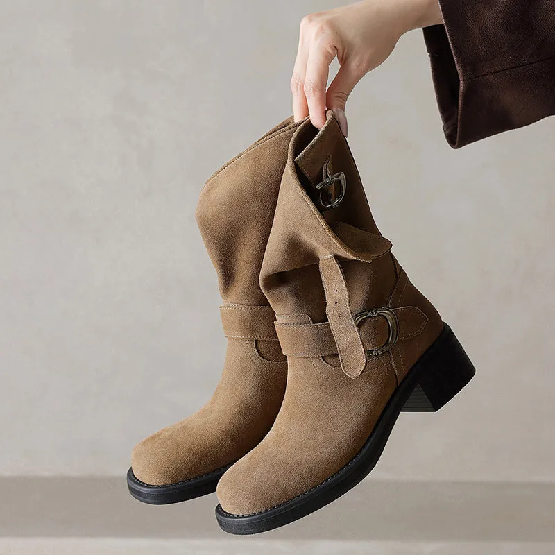 50mm Block Heel Boots Classic Women's Suede Leather Chelsea Boots Double Buckles Detail in Grey/Brown