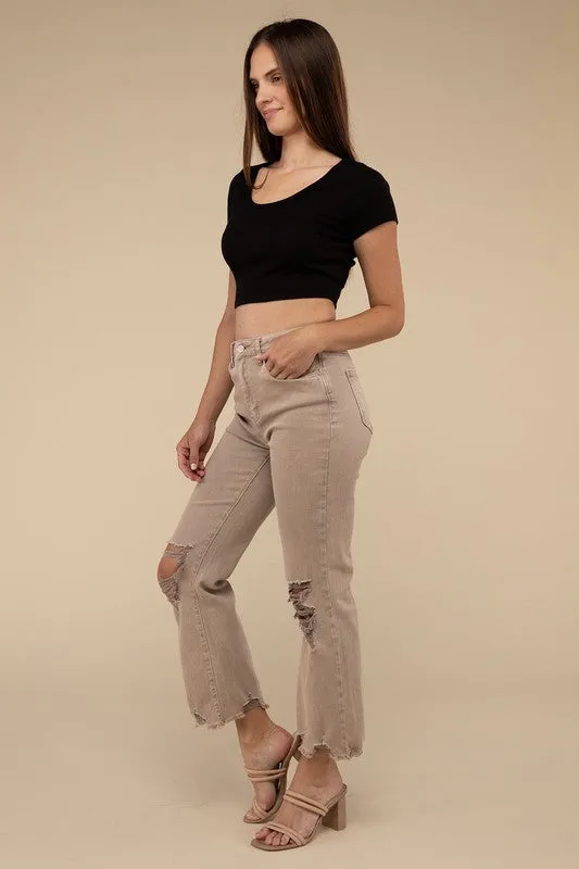 *Acid Washed High Waist Distressed Straight Pants