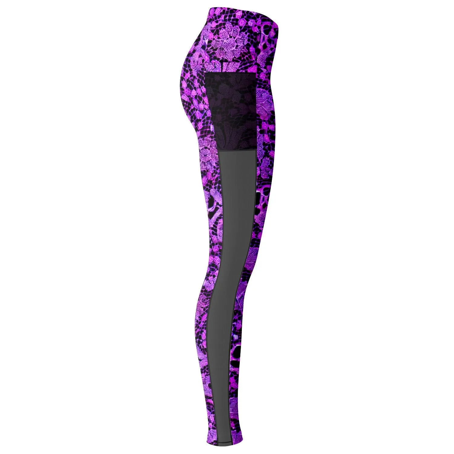 Black and Purple Lace Mesh Pocket Leggings