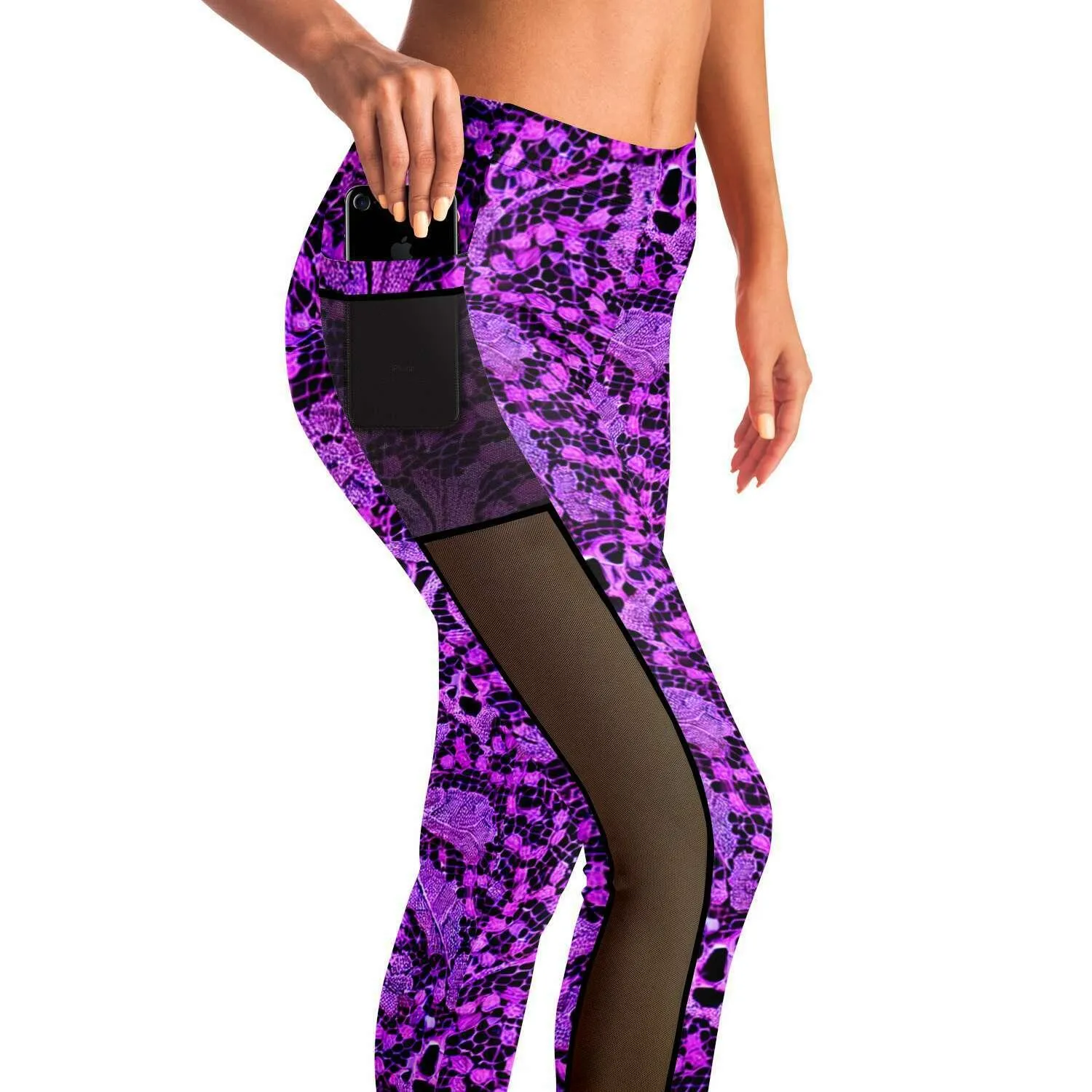 Black and Purple Lace Mesh Pocket Leggings