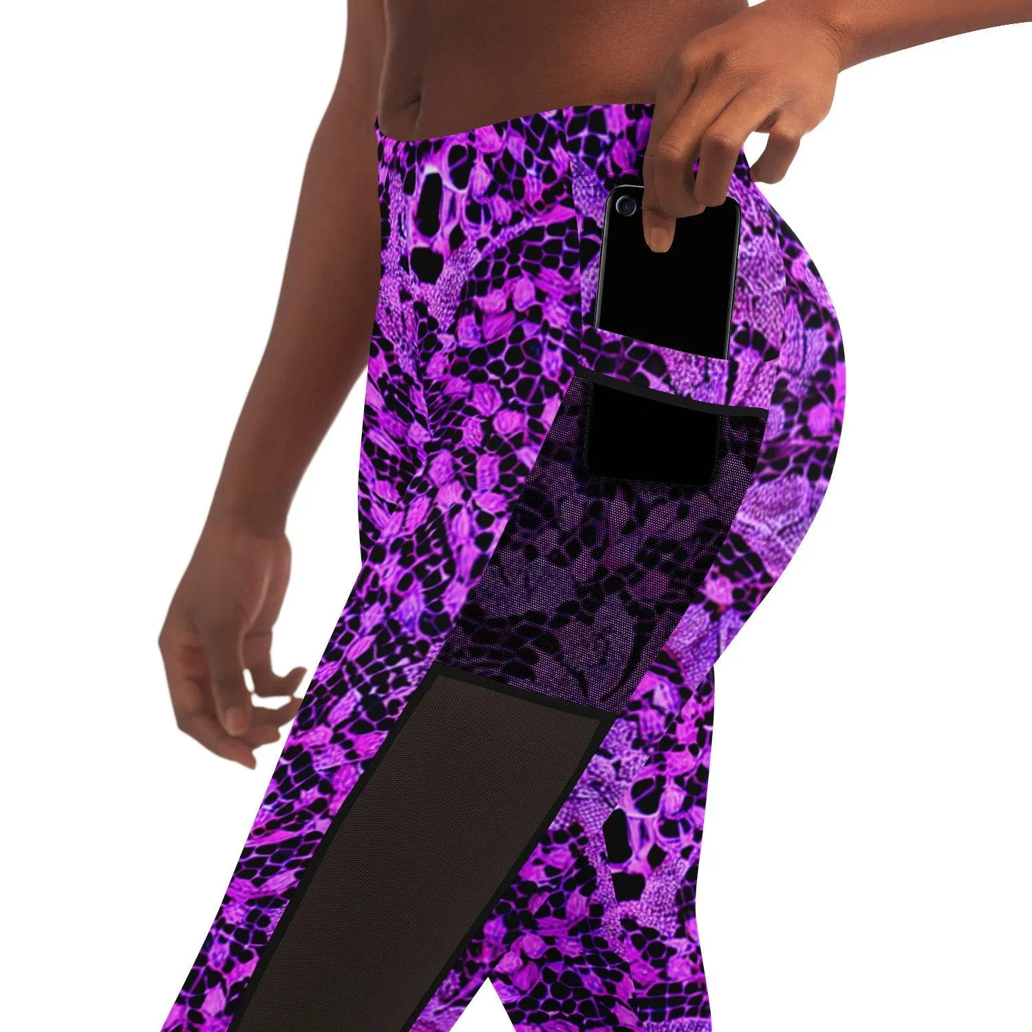 Black and Purple Lace Mesh Pocket Leggings