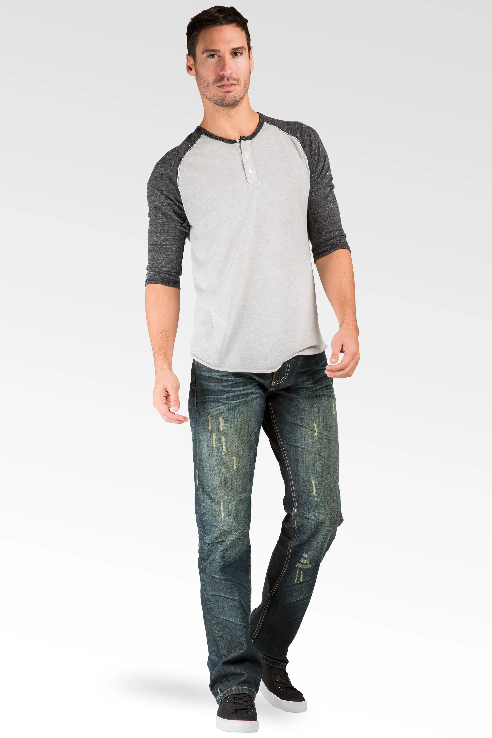 Blue Tint Relaxed Straight Leg Premium Denim Jeans Signature 5 Pocket Scratching Whisker