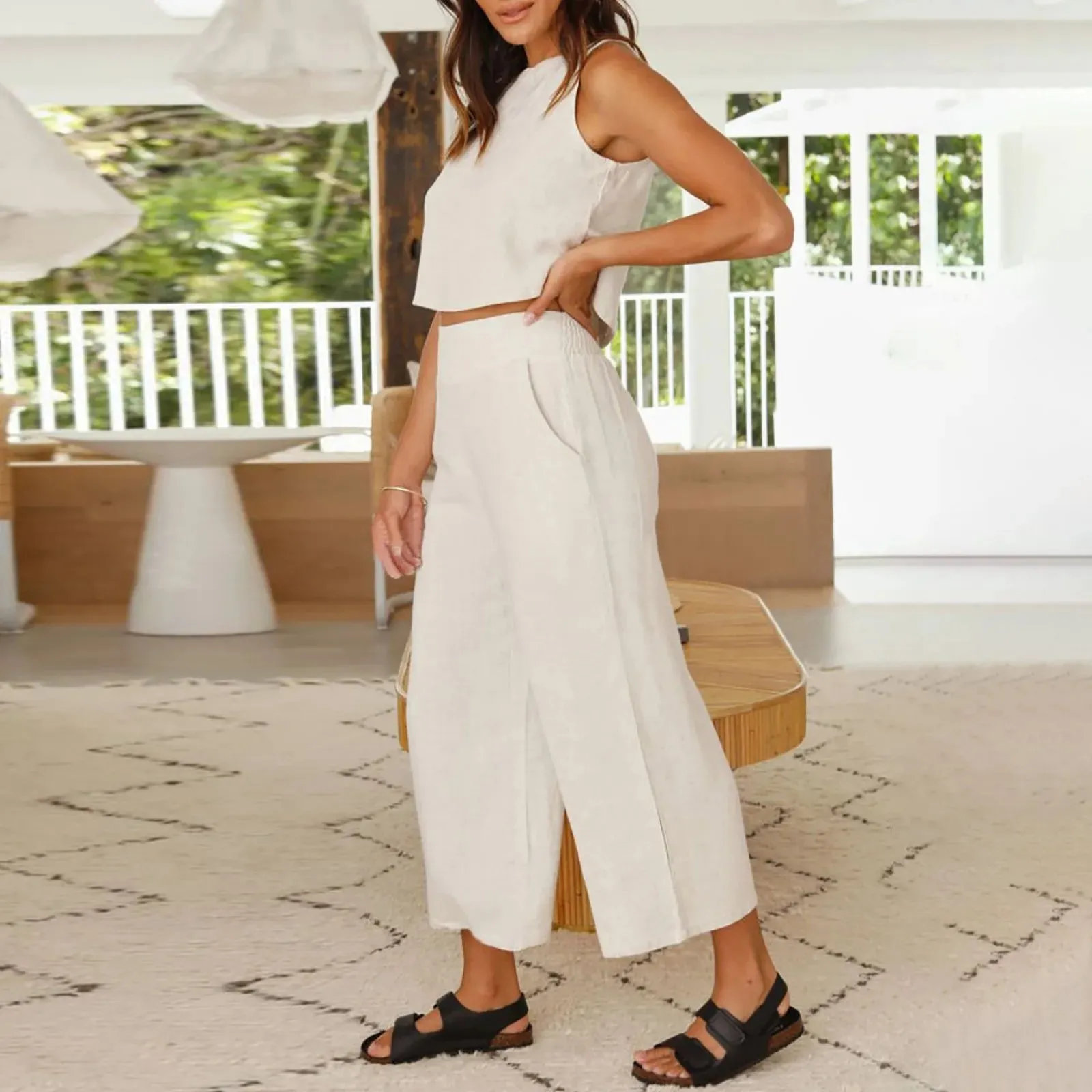 Casual Cotton Linen Fashion Comfortable White Sleeveless Solid Long Summer Set