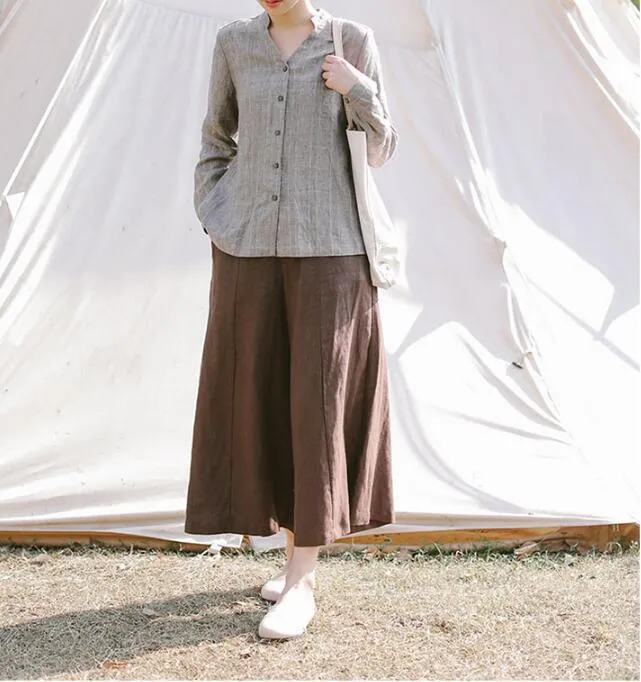 Coffee Linen Wide Leg Women Casual Pants SJ97235