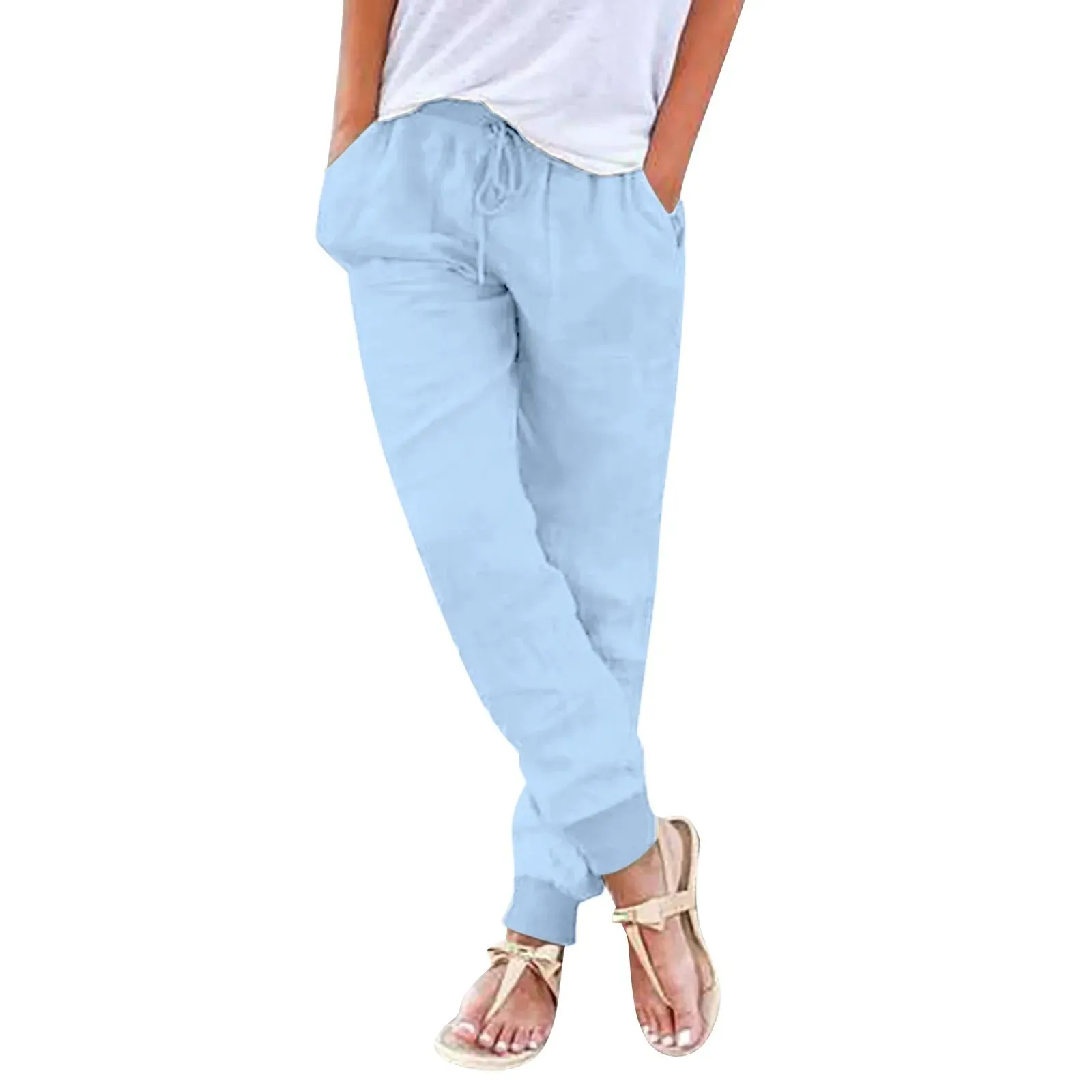 Cotton Linen Drawstring Back Elastic Waist Casual Trousers Two Piece Outfits Casual Women Pants