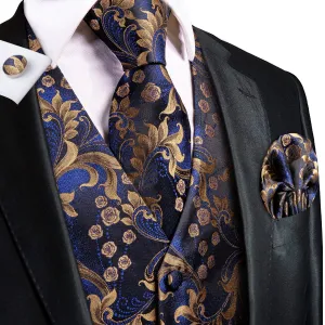 Dark Blue Golden Paisley Silk Men's Vest Hanky Cufflinks Tie Set Waistcoat Suit Set