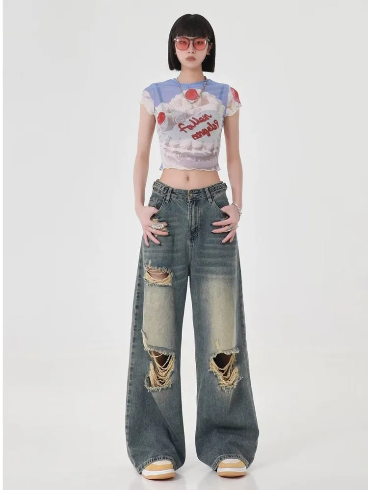 deanwangkt High Street Perforated Jeans Women's Summer New INS Fashion Brand Straight Tube Loose Sweeping Wide Leg Pants Women's Jeans