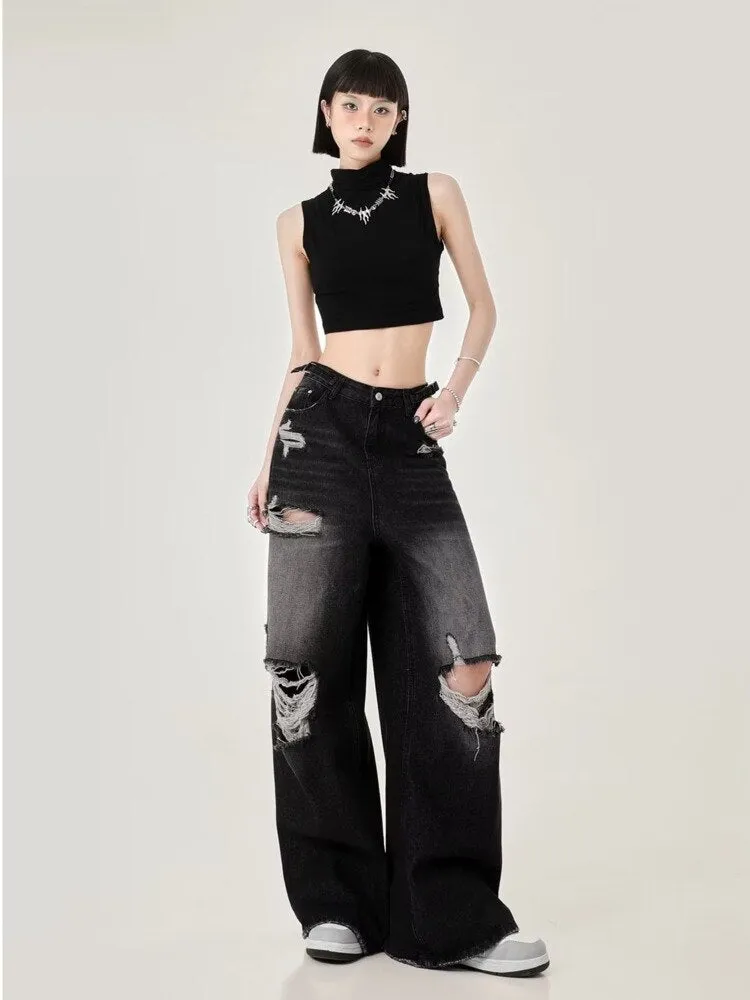 deanwangkt High Street Perforated Jeans Women's Summer New INS Fashion Brand Straight Tube Loose Sweeping Wide Leg Pants Women's Jeans