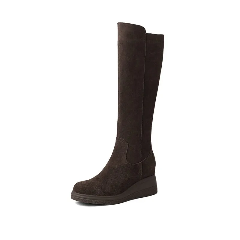 Designer Knee-high Wedge Boots Suede Leather Stretch Boots in Black/Coffee