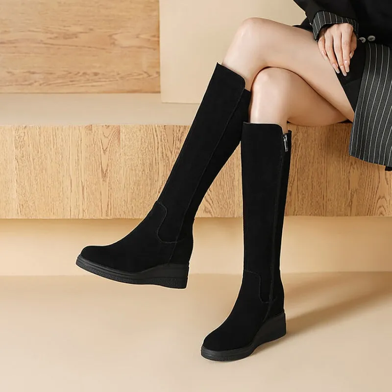 Designer Knee-high Wedge Boots Suede Leather Stretch Boots in Black/Coffee