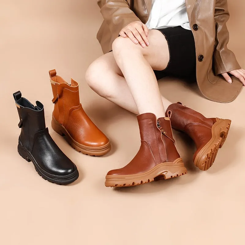 Dwarves Leather Short Boots Snow Boots Have Fleece Lined for Cold Winter in Black/Brown/Coffee