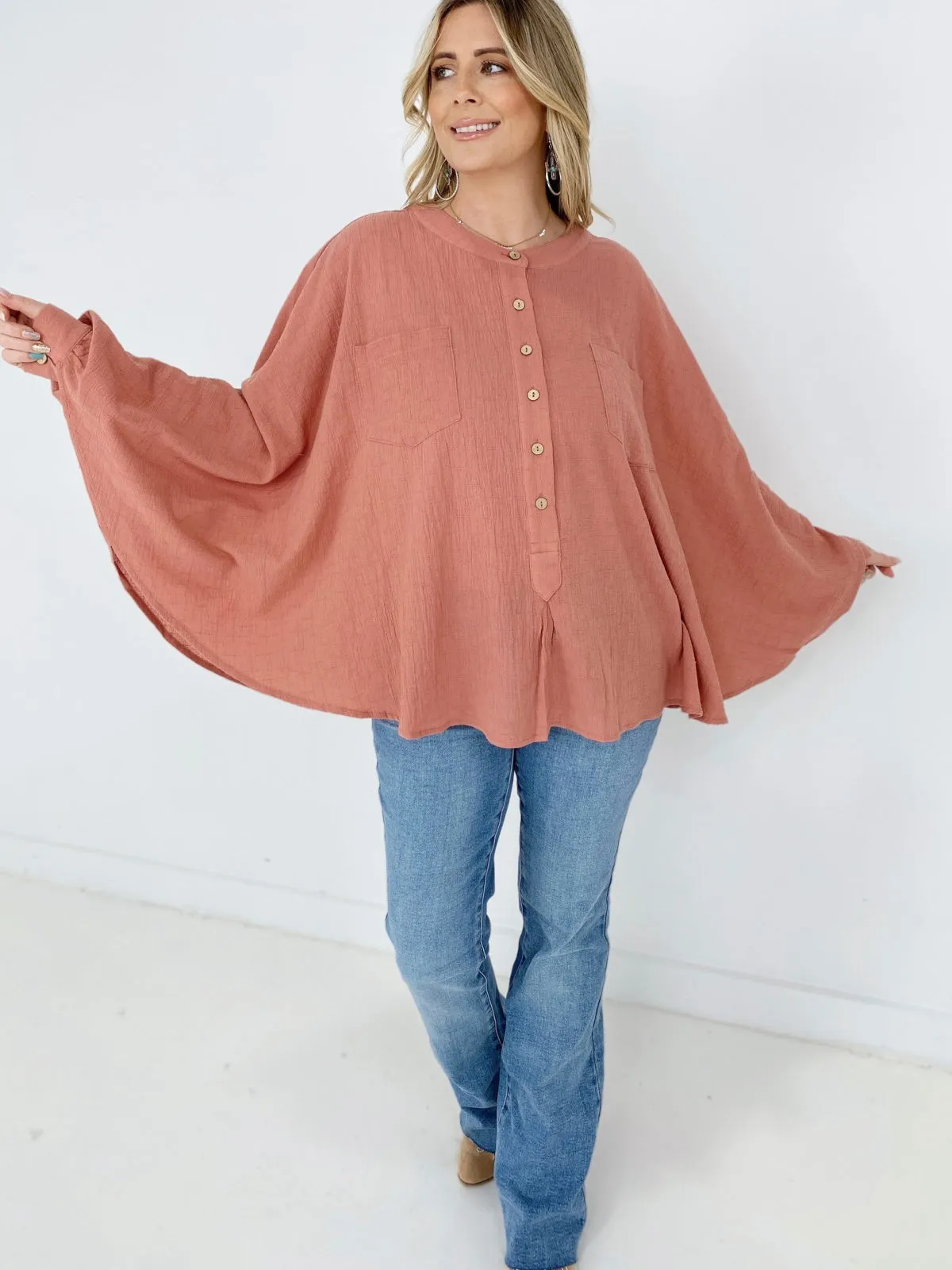 Easel Textured Cotton Linen Oversized Top - Ships from The US