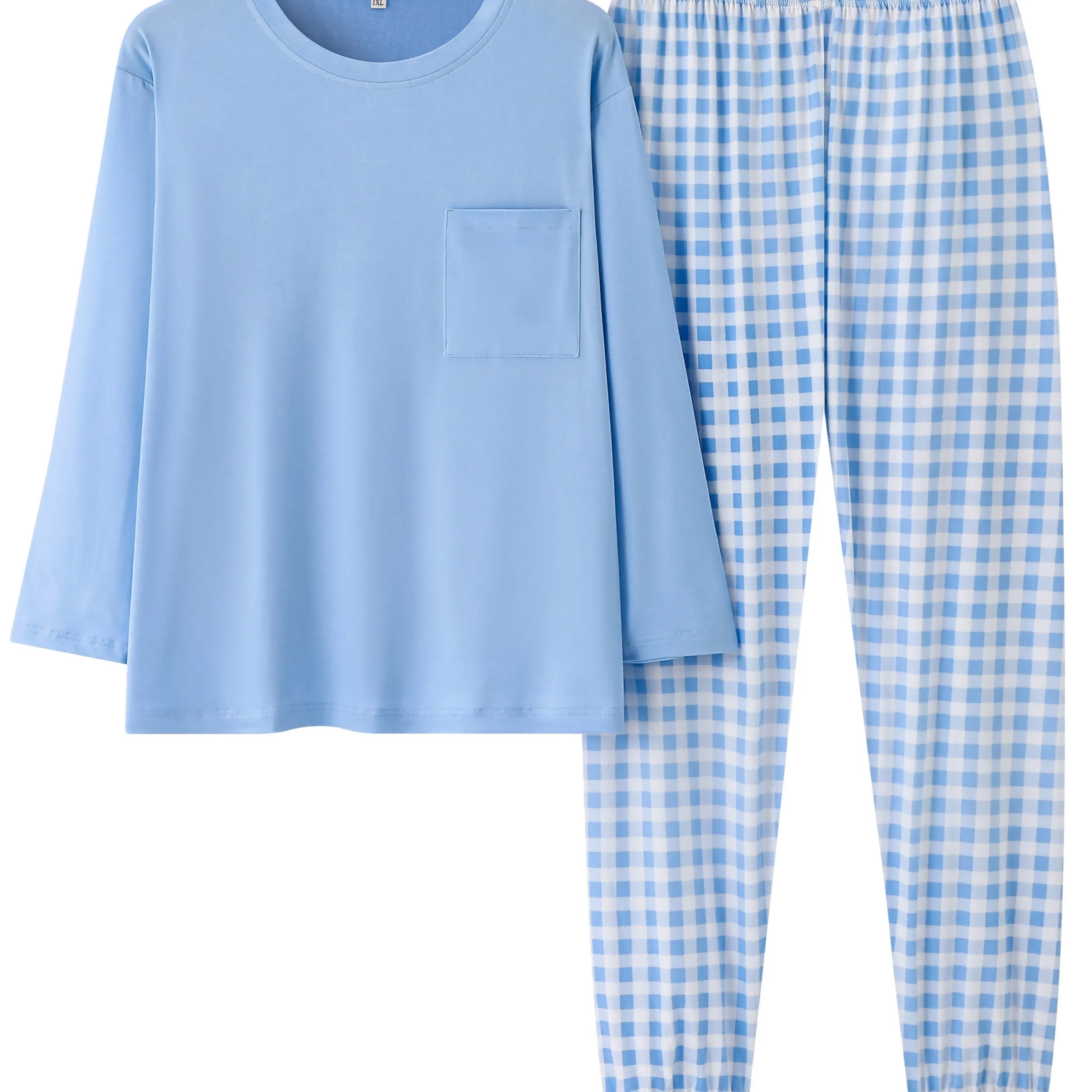 Effortless Relaxation Plus Size Soft Solid Tee & Plaid Pants Pajamas Set for Women's Casual Comfort