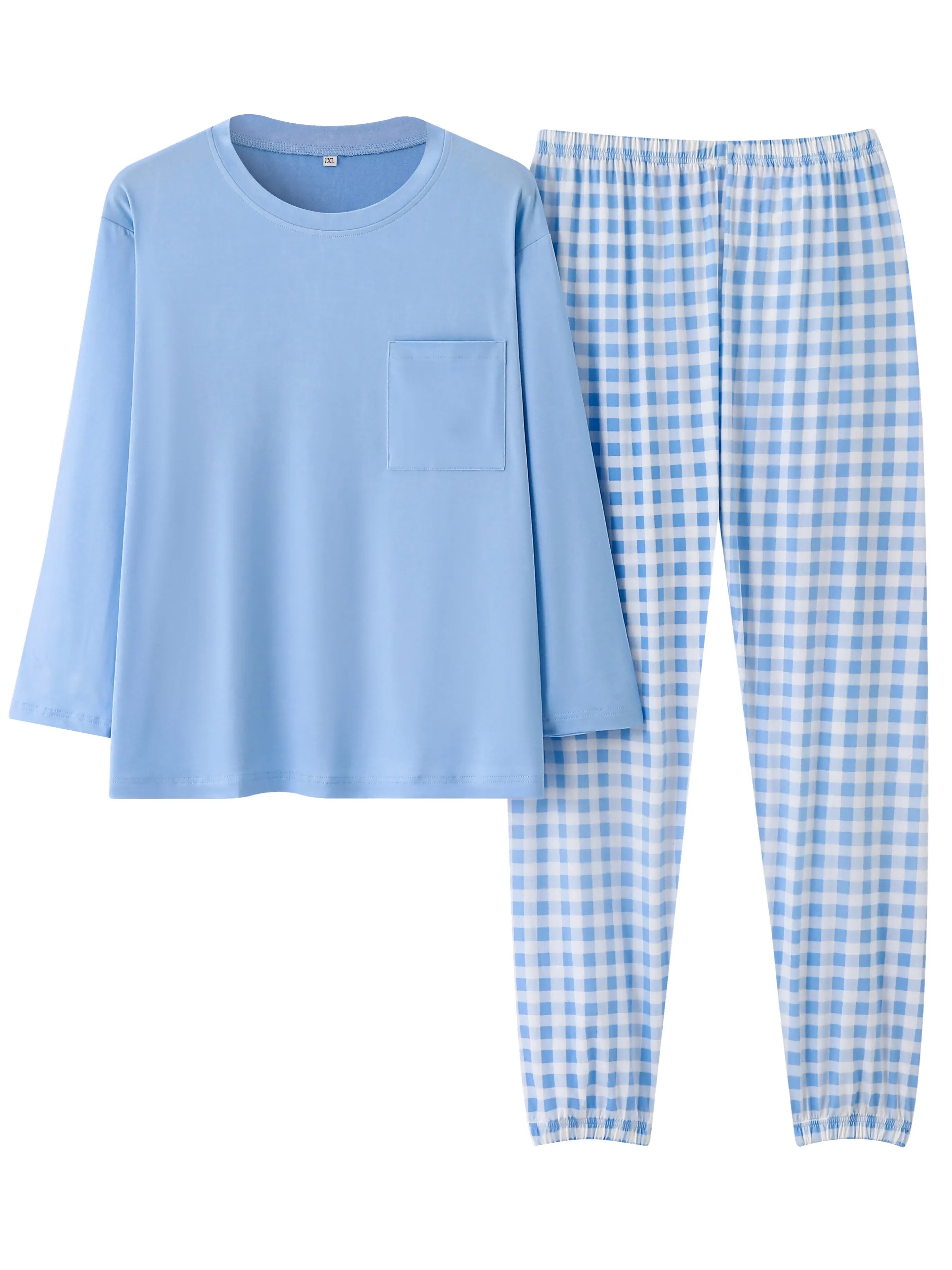 Effortless Relaxation Plus Size Soft Solid Tee & Plaid Pants Pajamas Set for Women's Casual Comfort