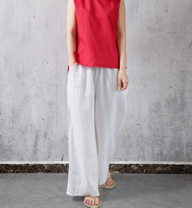 Elastic Waist Belt Linen Wide Leg Thin Women Casual Pants YM97235