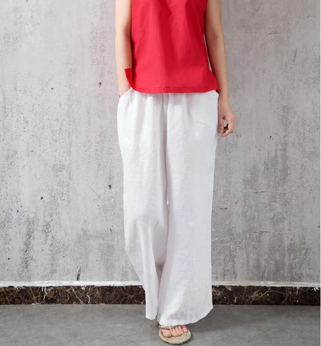 Elastic Waist Belt Linen Wide Leg Thin Women Casual Pants YM97235