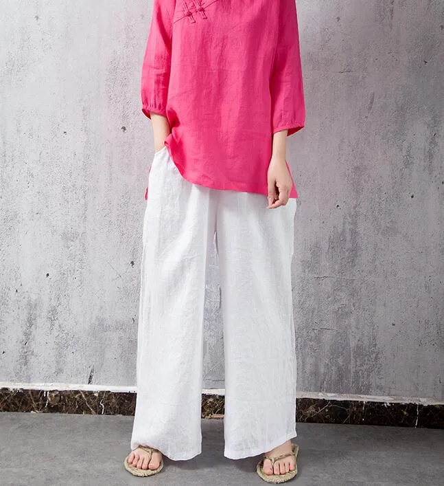 Elastic Waist Belt Linen Wide Leg Thin Women Casual Pants YM97235