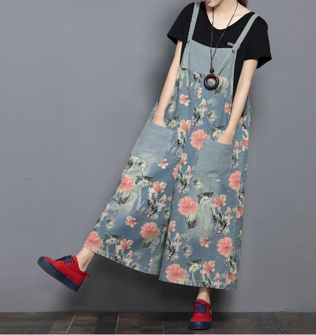 Floral Loose Denim Casual Spring Denim Overall Women Jumpsuits QY14