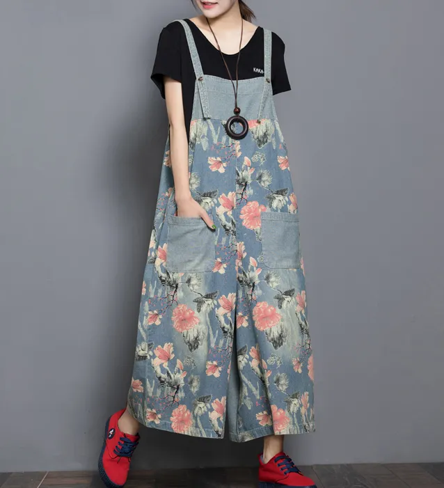 Floral Loose Denim Casual Spring Denim Overall Women Jumpsuits QY14