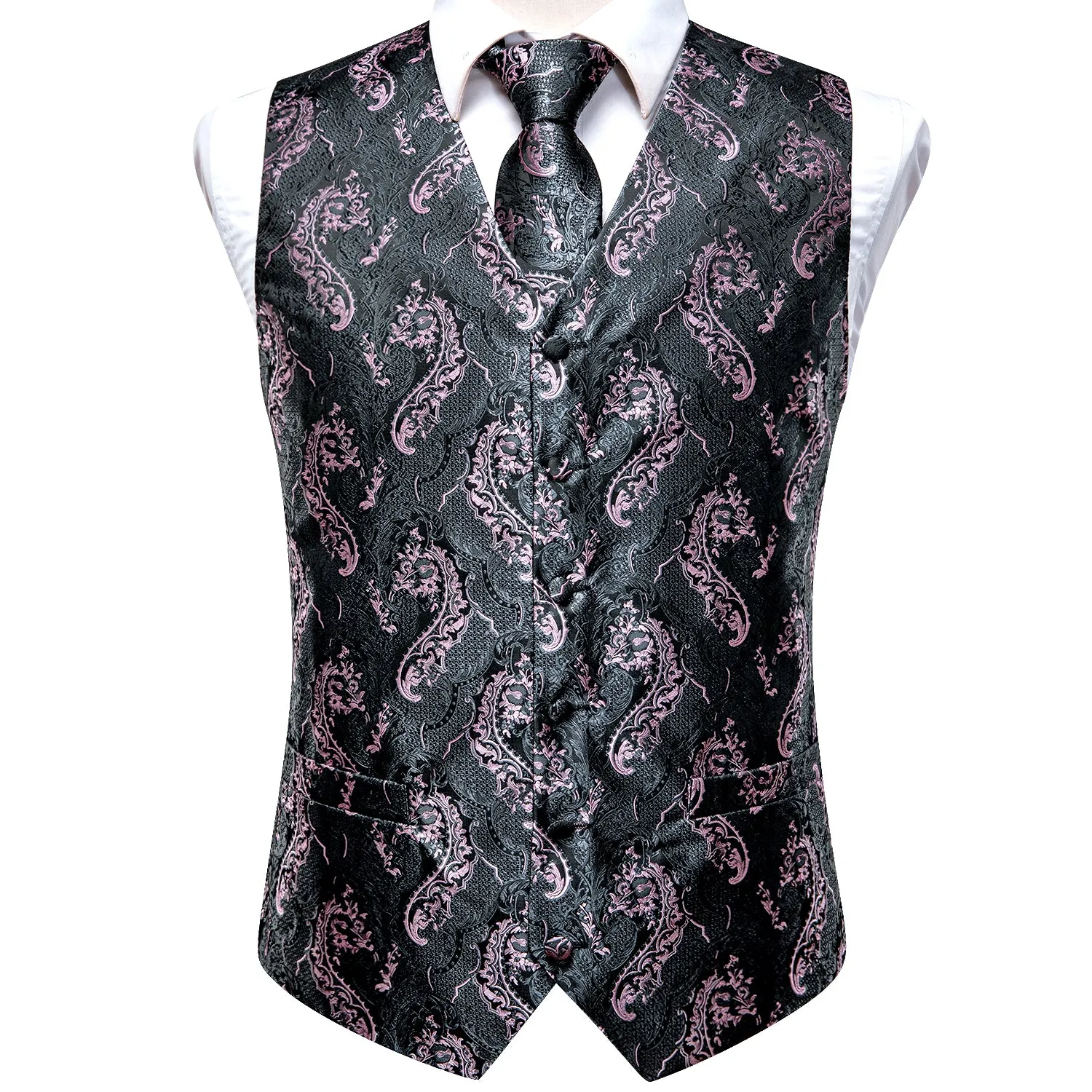 Grey Pink Paisley Silk Men's Vest Hanky Cufflinks Tie Set Waistcoat Suit Set