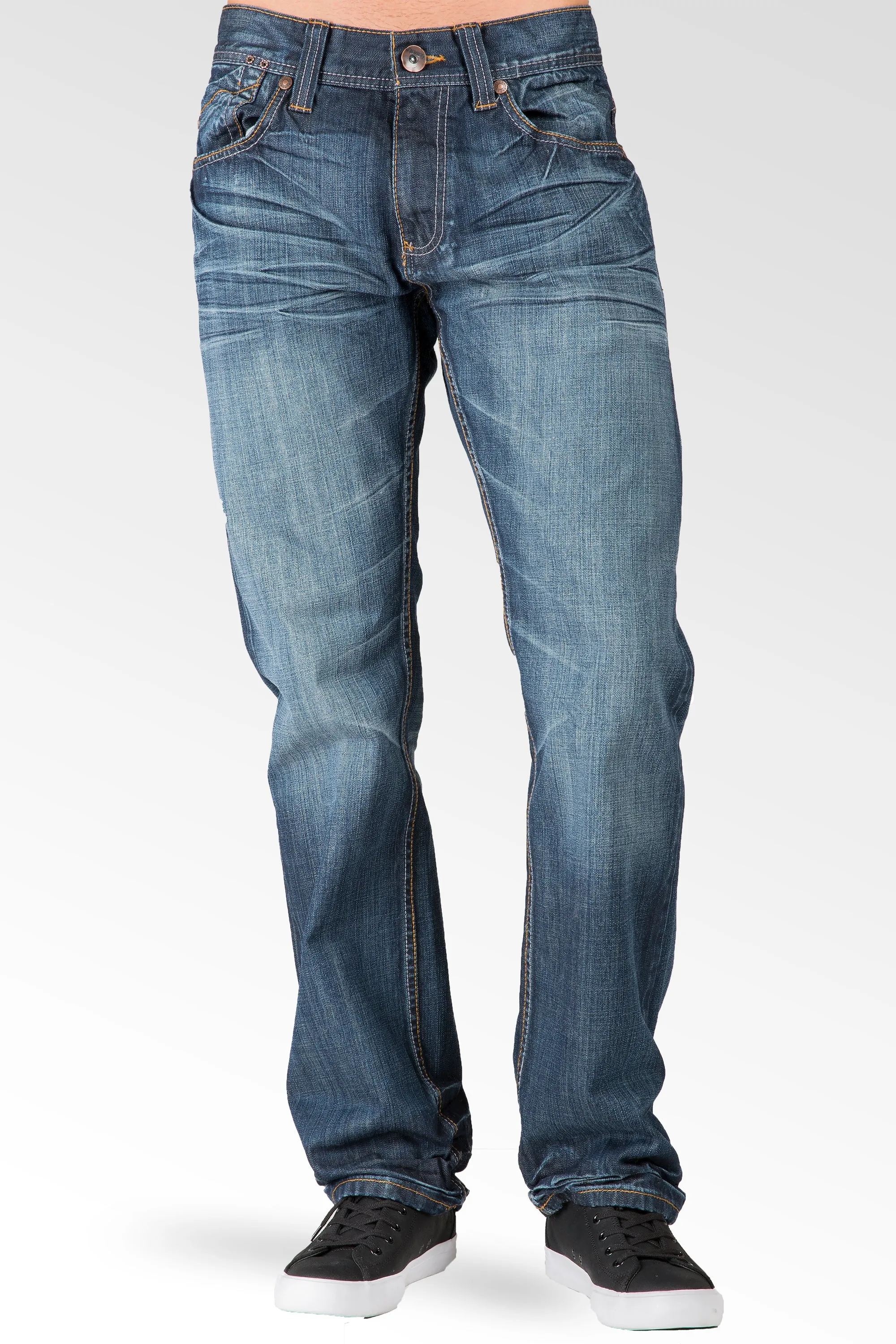 Hand Sanded Blue Relaxed Straight Fit Premium Denim Jeans Whiskering