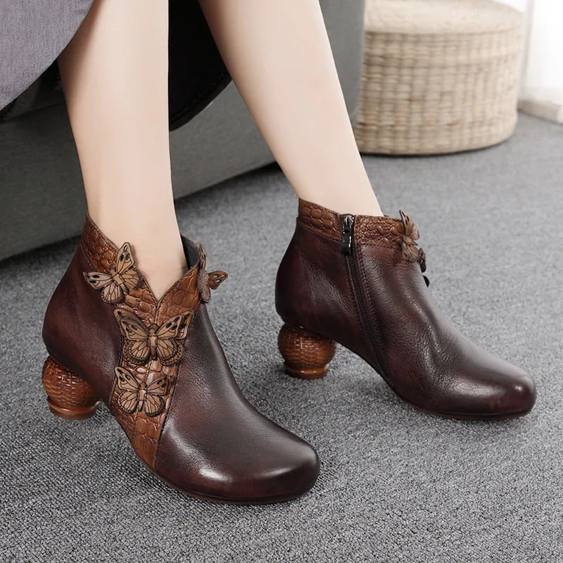 Handmade Women's Genuine Leather Mid Heel Short Ankle Boots With Side Zip in Coffee