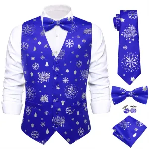 Hi-Tie Blue White Christmas Tree Elements Vest Necktie Bowtie Set