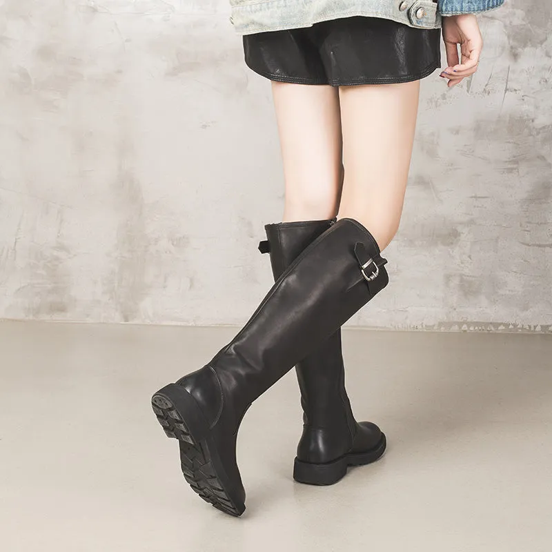 Leather Knee High Boots Side Zip Riding Boots in Black - Saddle Boots