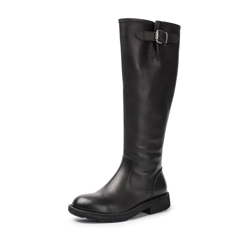 Leather Knee High Boots Side Zip Riding Boots in Black - Saddle Boots