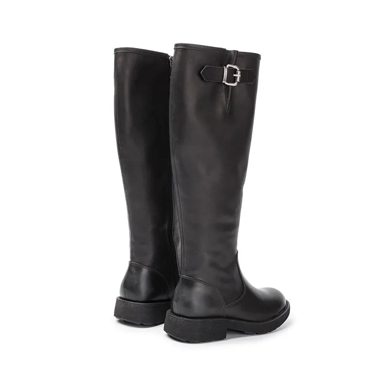 Leather Knee High Boots Side Zip Riding Boots in Black - Saddle Boots