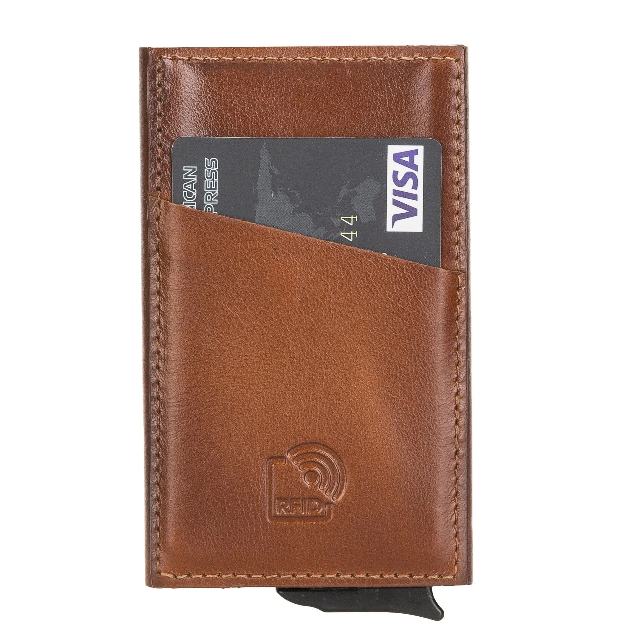 Leather Mechanical Pop Up Card Holder With RFID