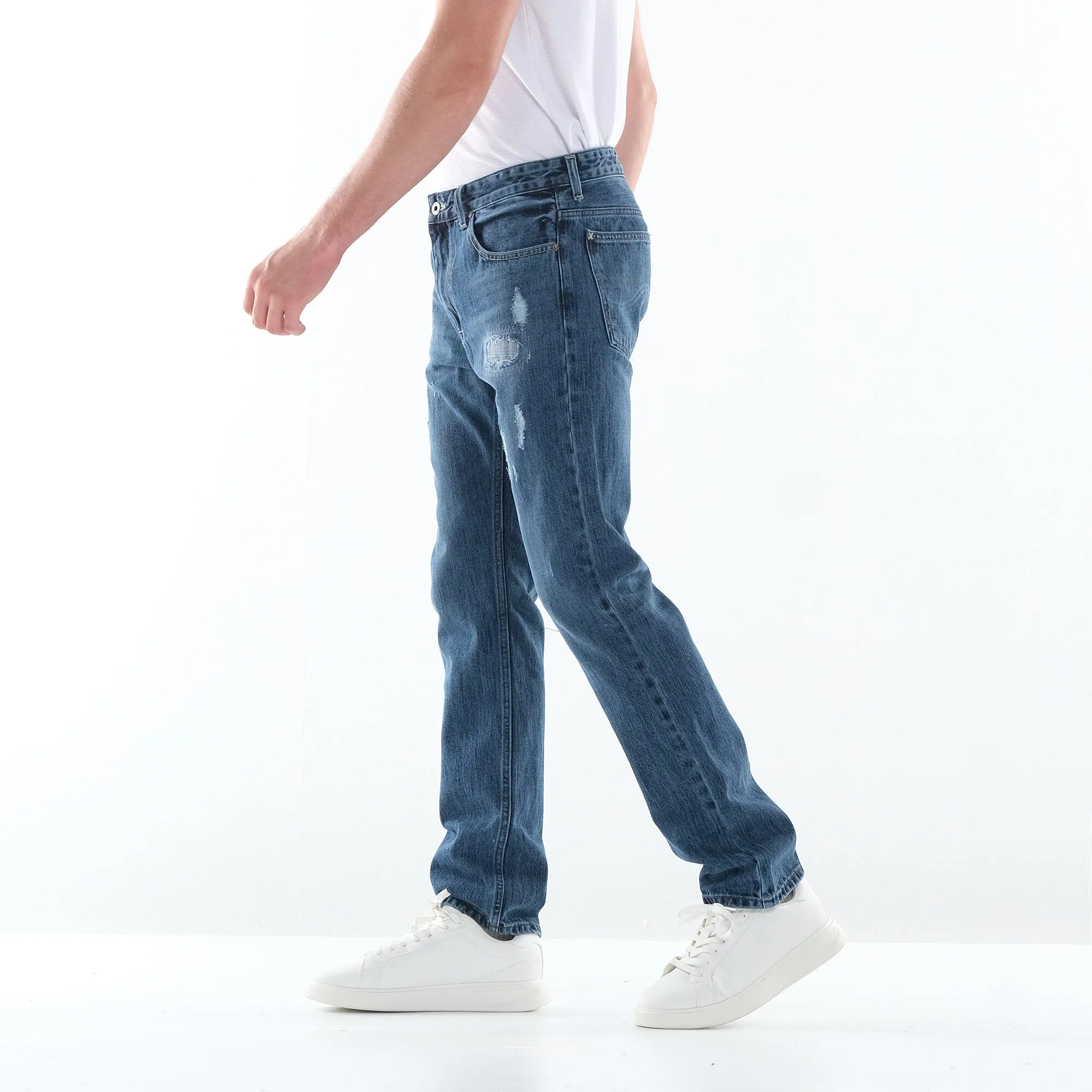 LEE MENS STRAIGHT SLIM DENIM PANTS IN BLUE DAMAGE