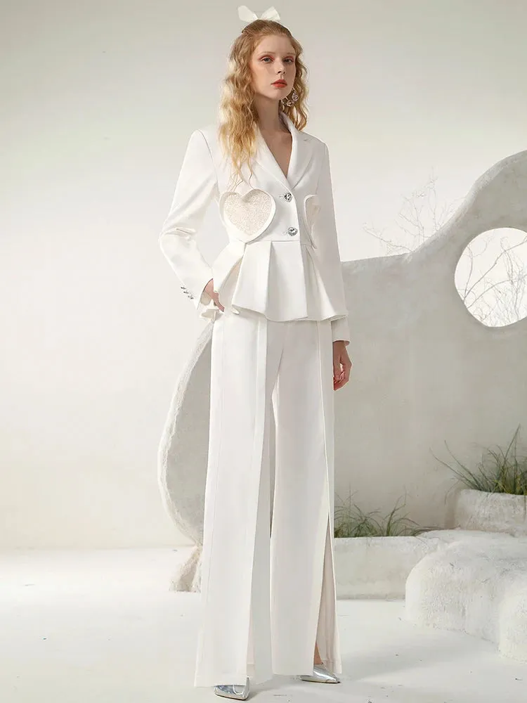 LVSANW Autumn New Design Commuter Love Pocket Suit Split Wide Leg Trousers Outfits White Business Temperament Women Two Pieces Sets