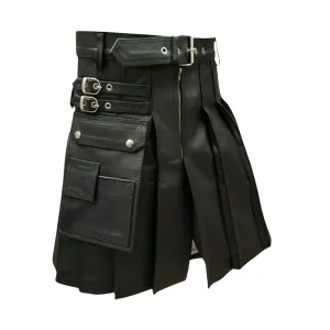 Mens Black Pleated Leather kilt