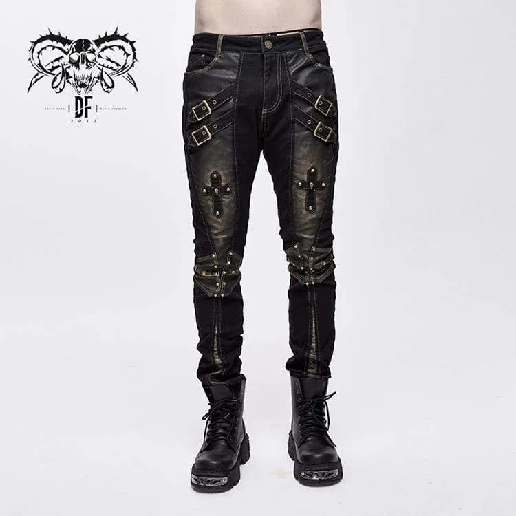 Men's Punk Cross Rivets Faux Leather Pants