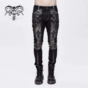 Men's Punk Cross Rivets Faux Leather Pants