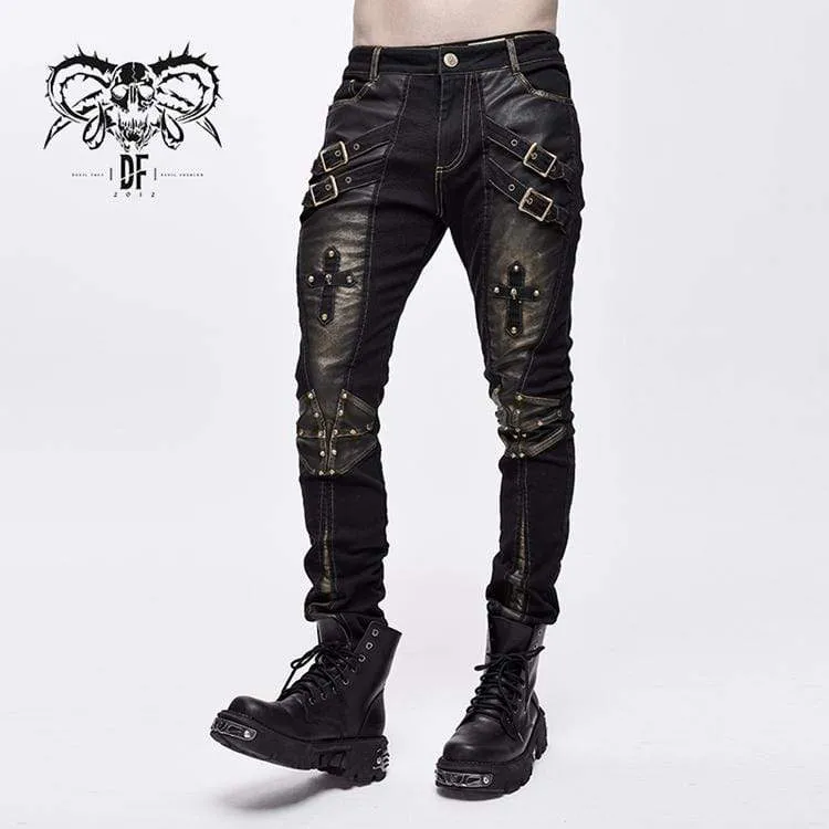 Men's Punk Cross Rivets Faux Leather Pants