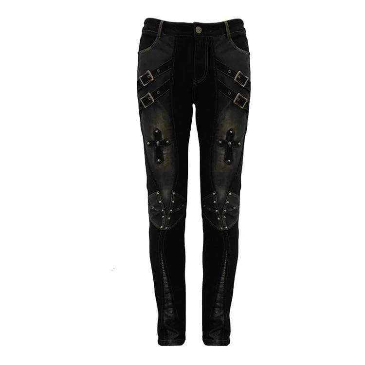 Men's Punk Cross Rivets Faux Leather Pants