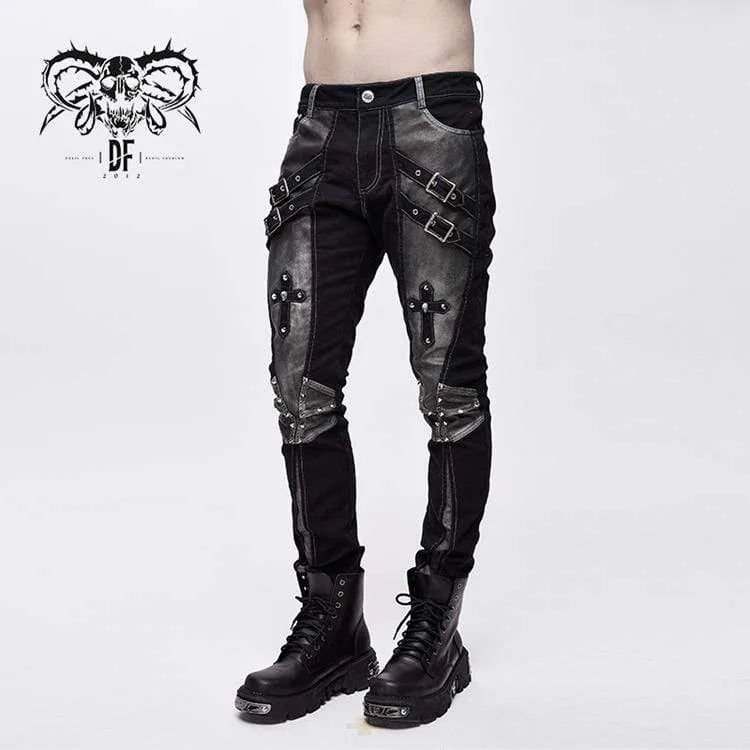 Men's Punk Cross Rivets Faux Leather Pants