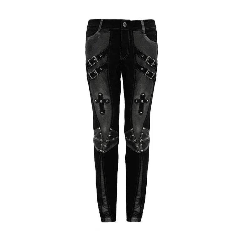 Men's Punk Cross Rivets Faux Leather Pants