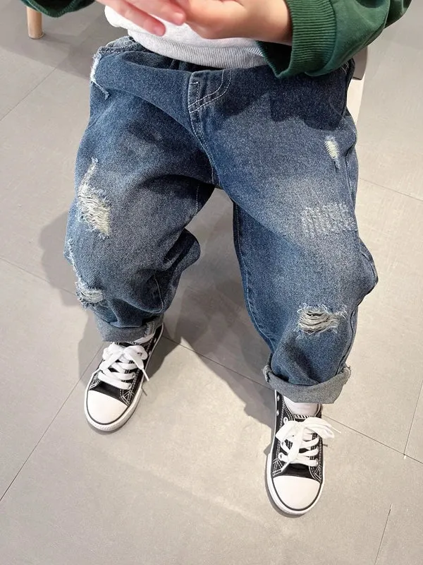 New Boys and Girls Denim Pants Dark Perforated Pants Girl Boys Spring and Autumn Casual Pants 0-6 Year Old Children's Clothing