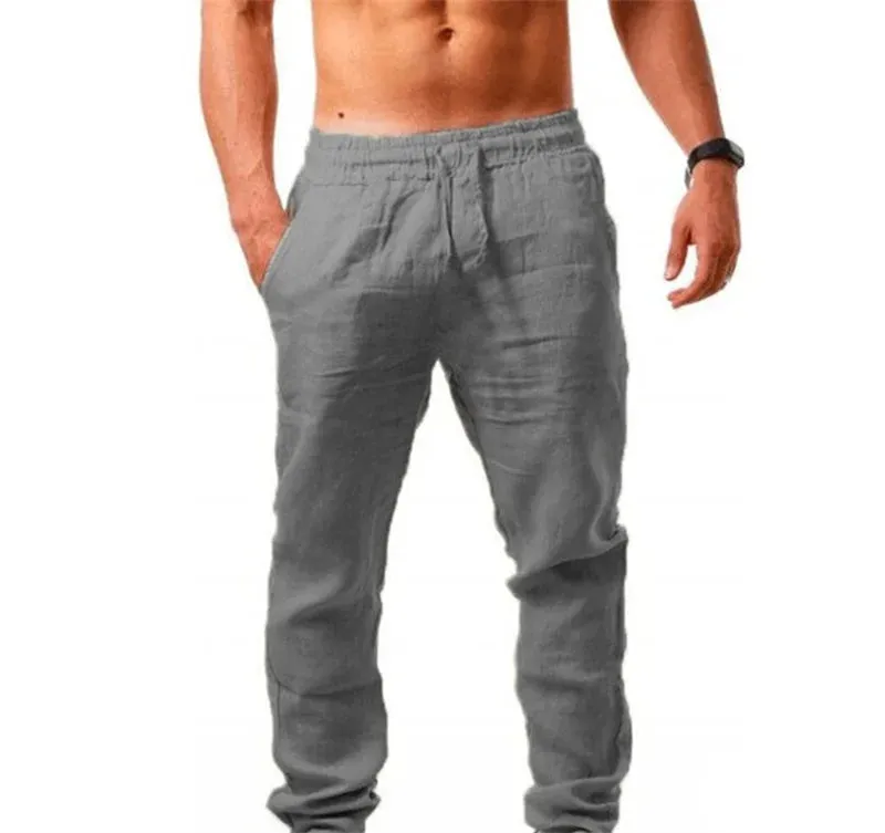 Pants Men Cotton Linen Trousers Joggers Casual Solid Elastic Waist Straight Loose Sports Running Pants Plus Size Men's Clothing