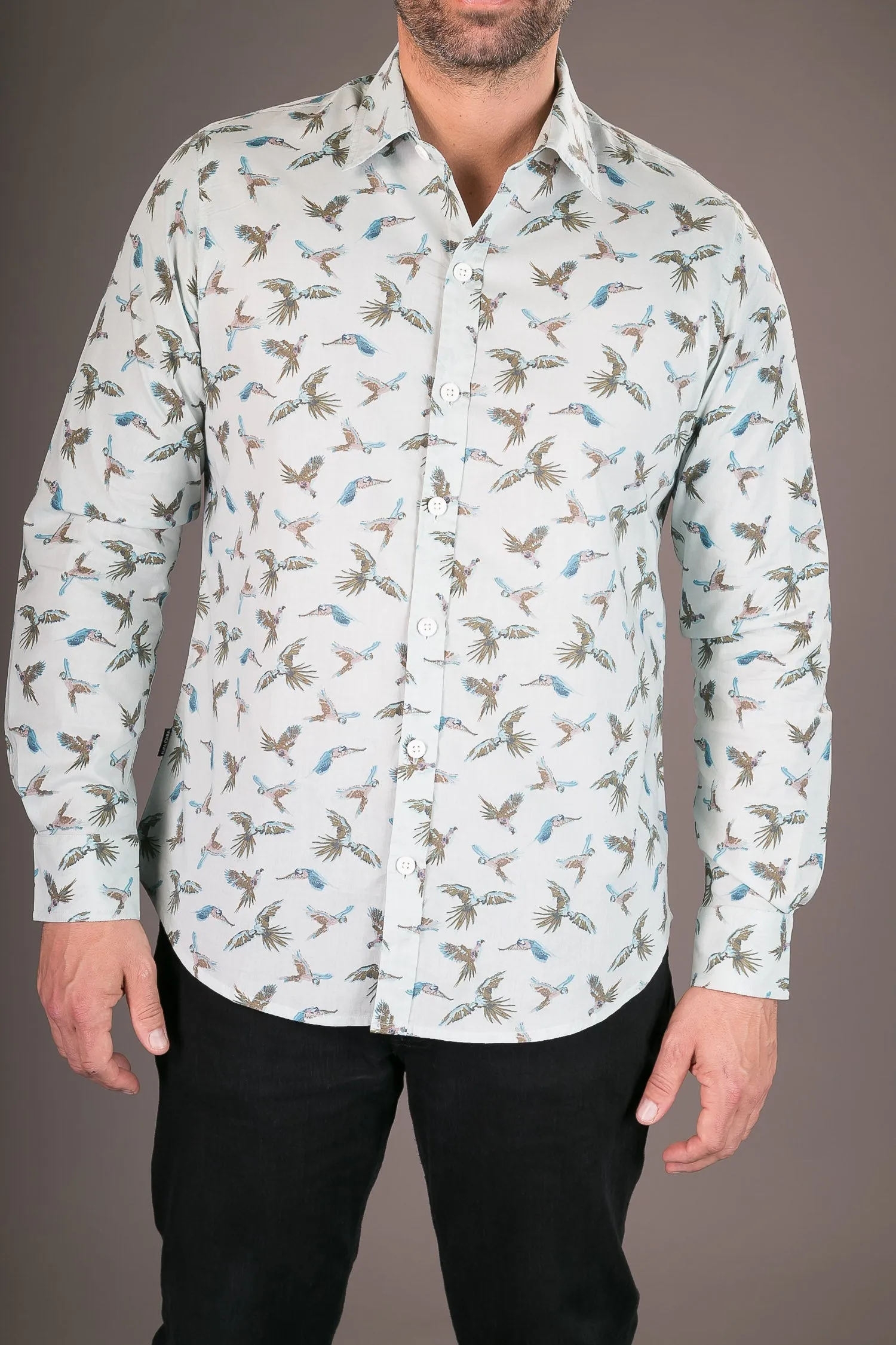 Parrots Blue Print Cotton Slim Fit Mens Shirt Long Sleeve