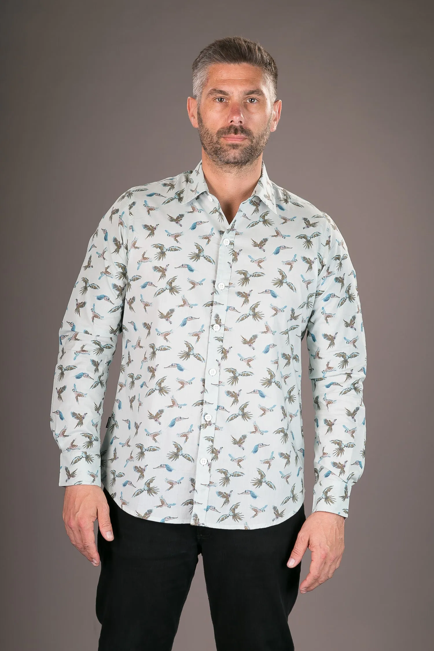 Parrots Blue Print Cotton Slim Fit Mens Shirt Long Sleeve