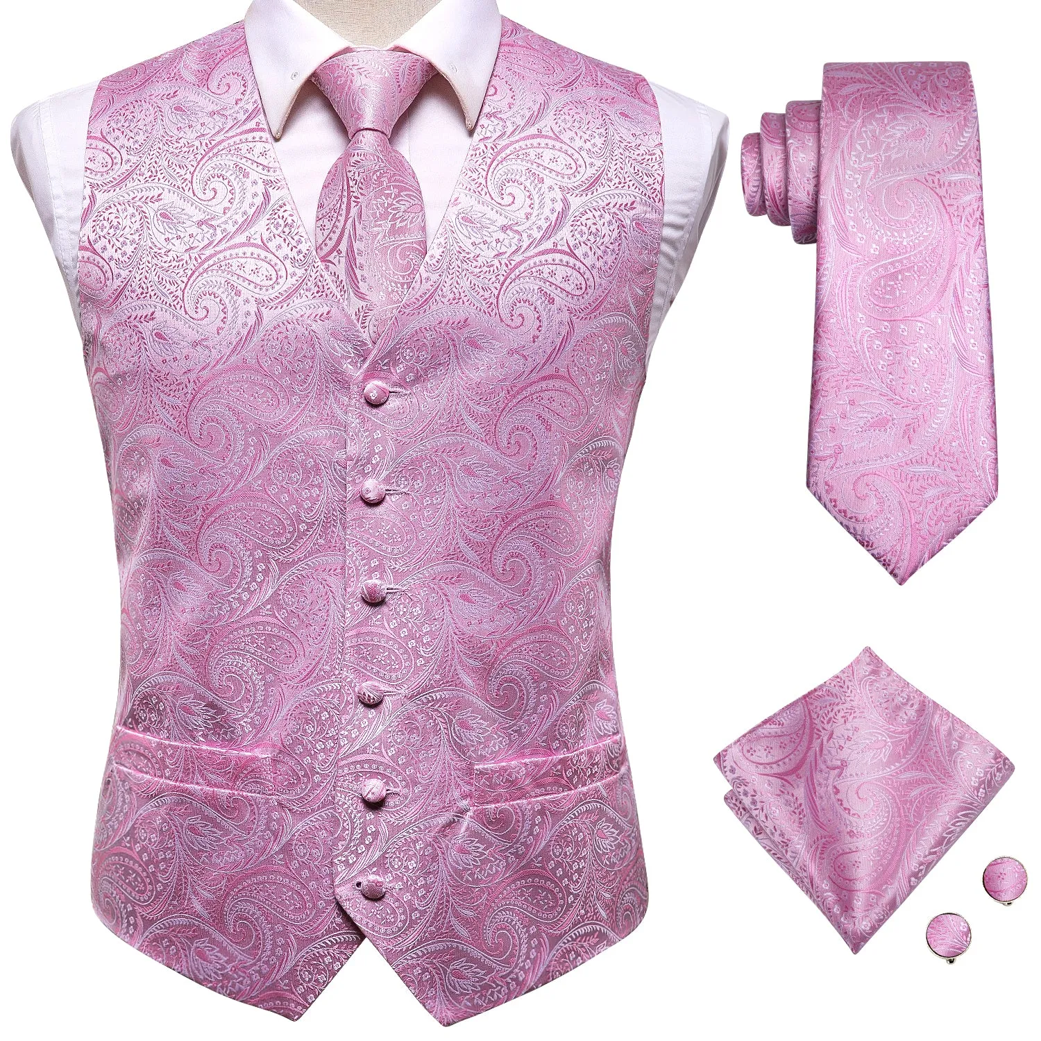 Pink Paisley Silk Men's Vest Hanky Cufflinks Tie Set Waistcoat Suit Set