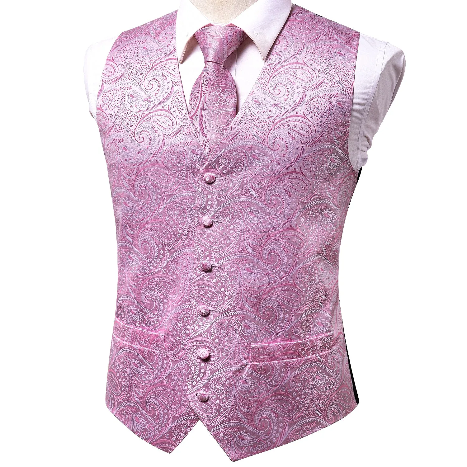 Pink Paisley Silk Men's Vest Hanky Cufflinks Tie Set Waistcoat Suit Set