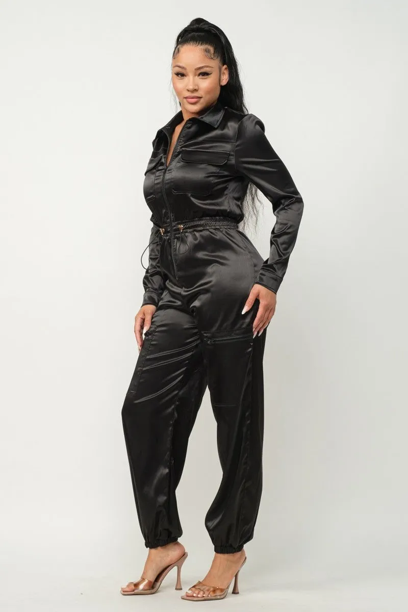 Satin Front Zipper Pockets Top And Pants Jumpsuit - 3 colors