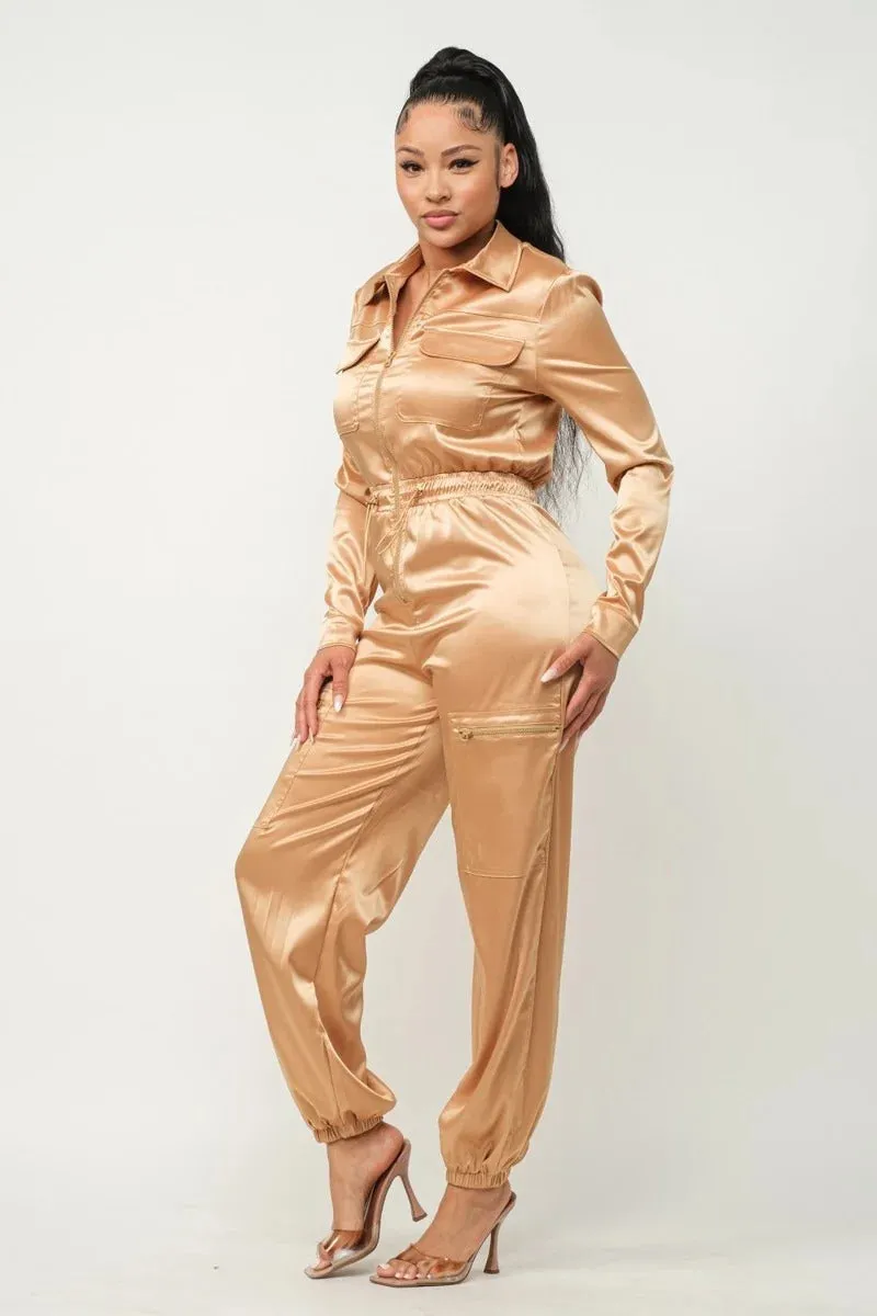 Satin Front Zipper Pockets Top And Pants Jumpsuit - 3 colors