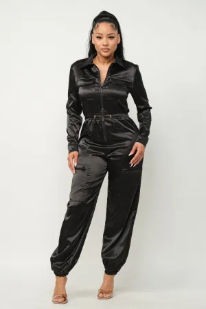 Satin Front Zipper Pockets Top And Pants Jumpsuit - 3 colors