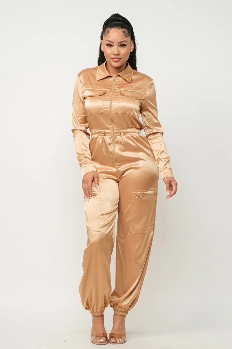 Satin Front Zipper Pockets Top And Pants Jumpsuit - 3 colors